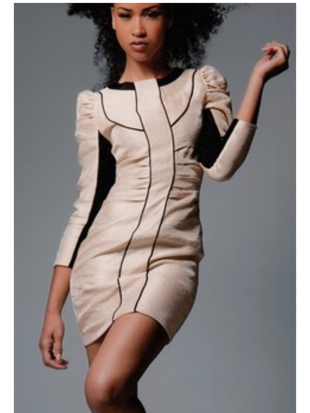 H&M Cream Dress with Black Trim and Puff Shoulders